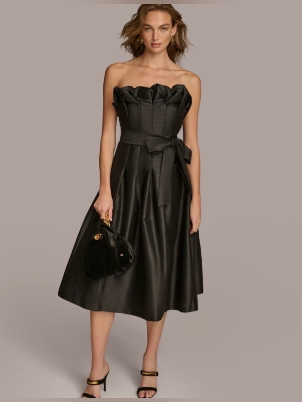 Donna Karan Black Strapless Mikado With Ruffle Trim and Waist Sash